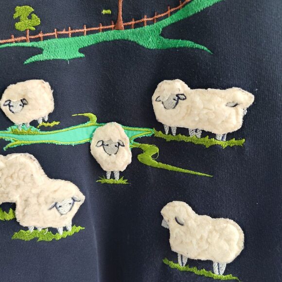 Vintage 90s Cottagecore Collared Sweatshirt 3D Farmer Sheep Pasture Scene Small - Picture 5 of 11